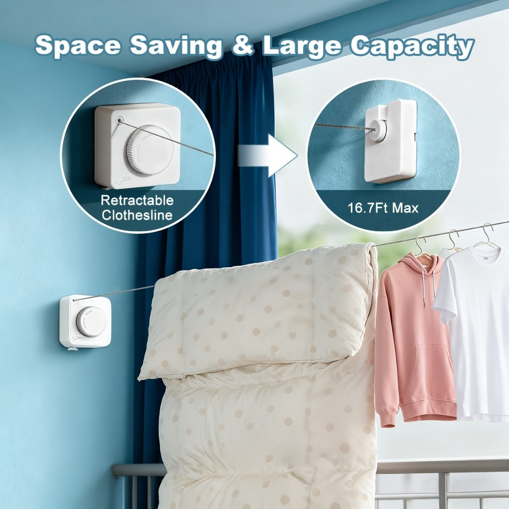 Retractable Clothesline Wall Mounted Stainless Steel Non-Sagging Indoor Outdoor Laundry Drying Line 15.1 Ft Heavy Duty