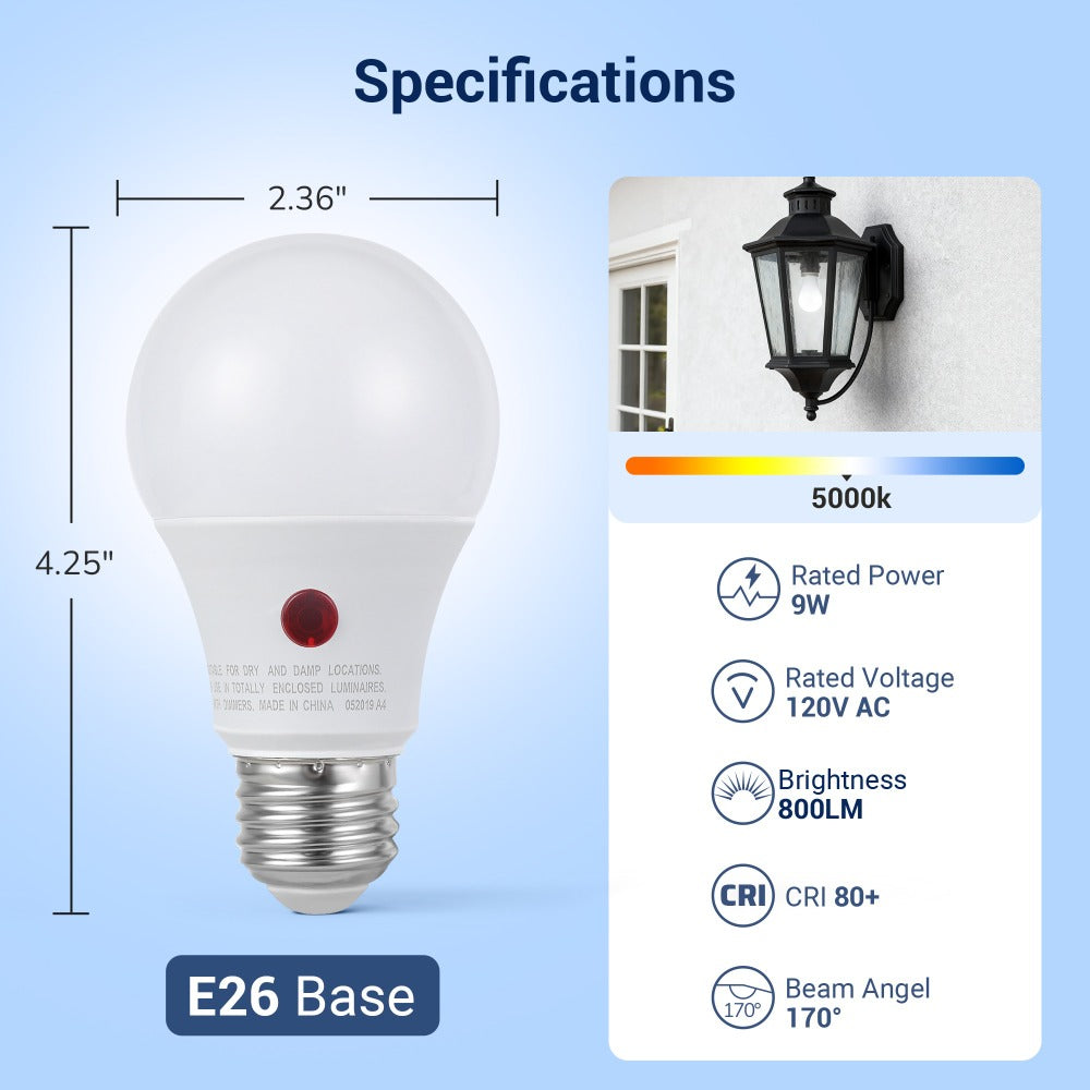 Dusk to Dawn Light Bulbs, A19 E26 Auto On Off Photocell Sensor LED Bulb 9W 60W Equivalent, 5000K Daylight / 2700K Soft White / 2000K Amber Bug Repelling, 800LM Non-Dimmable for Porch Garage Outdoor Indoor