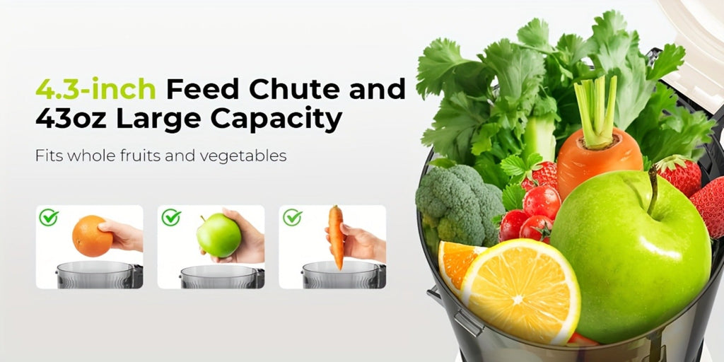 Centrifugal Juicer with 4.3-Inch Wide Feed Chute - 3-Speed Electric Juicer Machine for Whole Fruits & Vegetables, High Juice Yield, 3 Interchangeable Strainers, Easy to Clean, BPA-Free