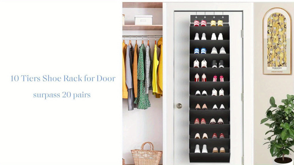 10-Tier Over-the-Door Shoe Rack Organizer with 4 Metal Hooks - Holds 20 Pairs, Large Capacity Hanging Shoe Storage