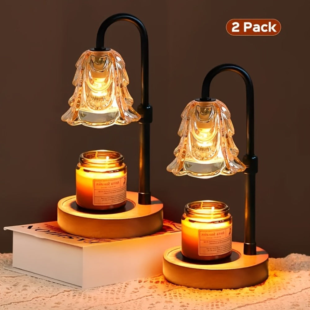 Candle Warmer Lamp 2 Pack with Dimmer and 12H Timer Adjustable Height Brightness Wood Base LED Wax Melt Warmer Flameless Candle Lamp for Home Decor Bedroom Living Room Gift for Mom Wife Friends