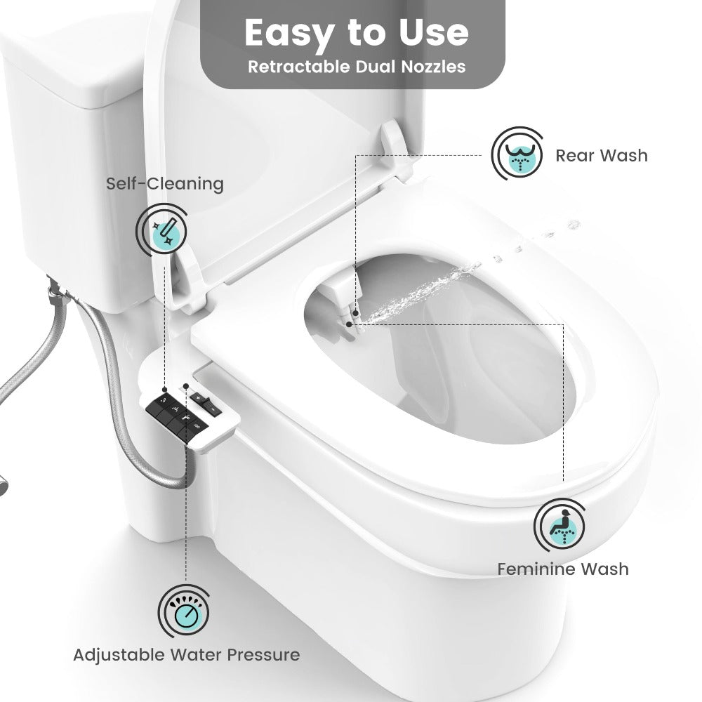 Bidet Attachment for Toilet - Dual Retractable Nozzle Non-Electric Self-Cleaning Fresh Water Bidet Sprayer, Adjustable Water Pressure, Fits Most Toilets, Brass T-Adapter & Metal Hose Included, Easy Install
