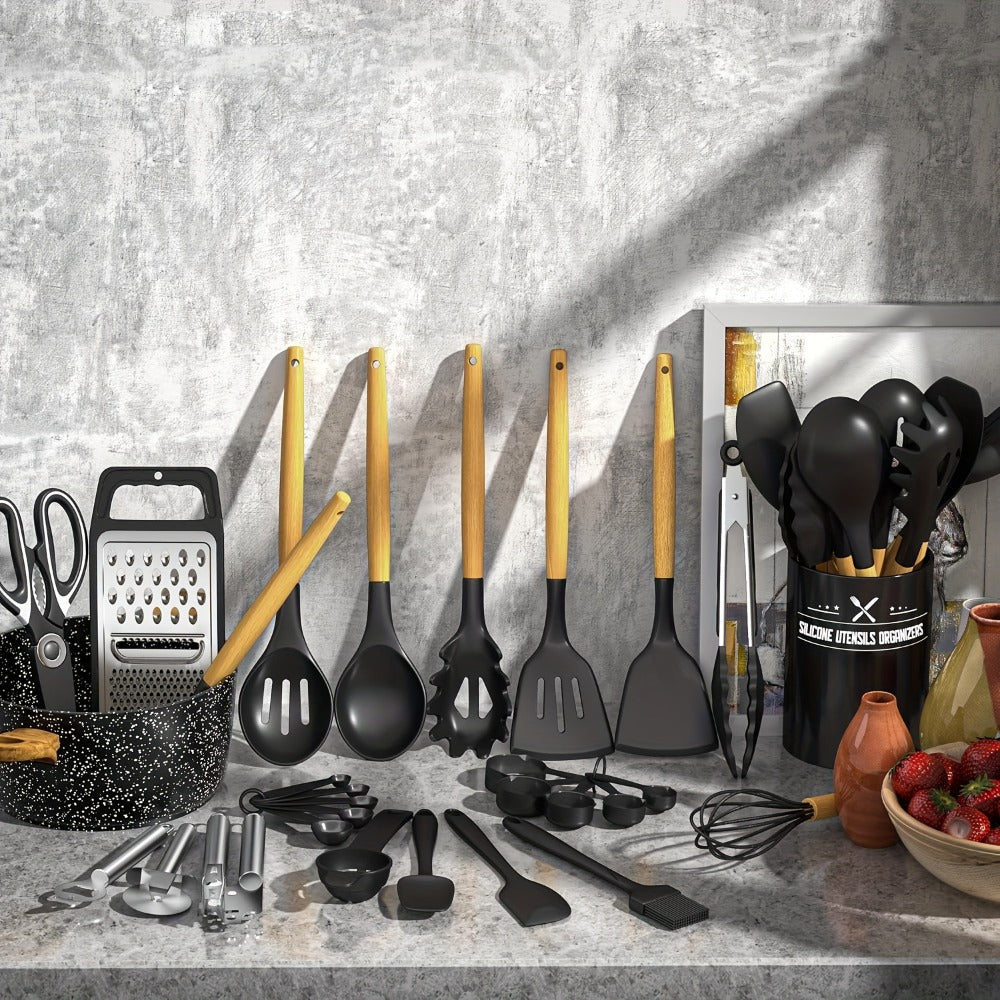 Silicone Kitchen Utensils Set 34-Piece with Holder ¨C Heat Resistant Cooking Spatula Tools for Nonstick Cookware | Wooden Handle Kitchen Gadgets | Father's Day & Housewarming Gift