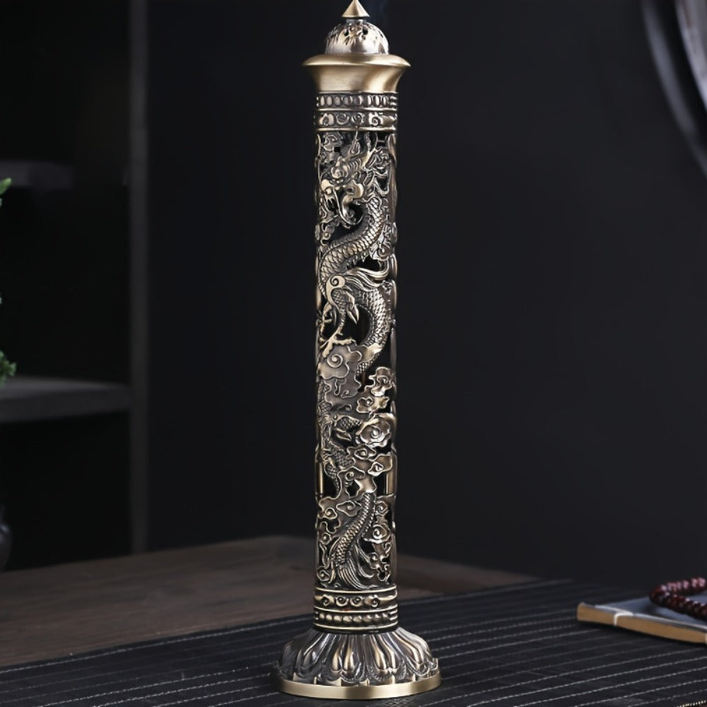 Incense Stick Holder Metal Retro Vertical Design, Dragon & Phoenix Heart Sutra Motif Brass Incense Burner Stand, Home Office Altar Meditation Ceremony Decoration Gift