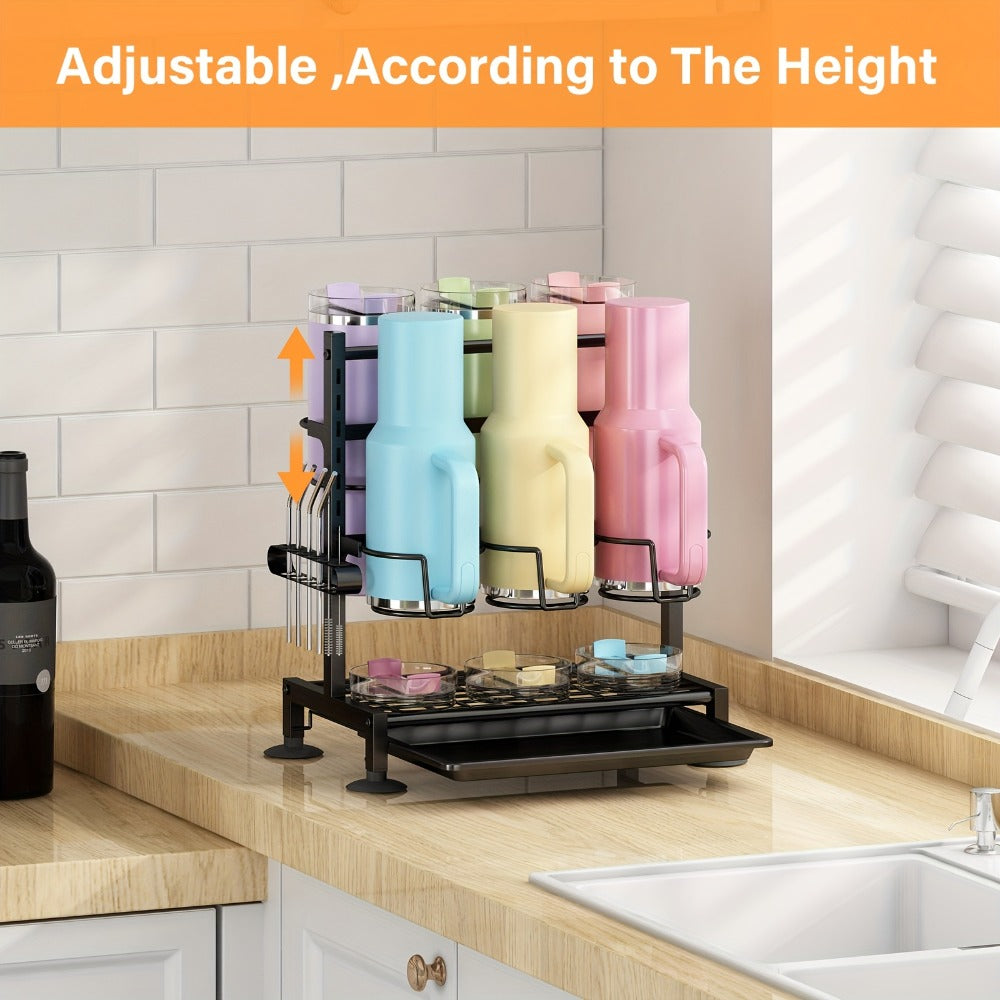 Cup Holder Rack 6-Grid Cast Iron Water Bottle Organizer for Kitchen Cabinet | Adjustable Height Drinkware Storage Rack Holds 40oz Cups Mugs Tumblers Stanley Bottles Space-Saving Kitchen Organizer