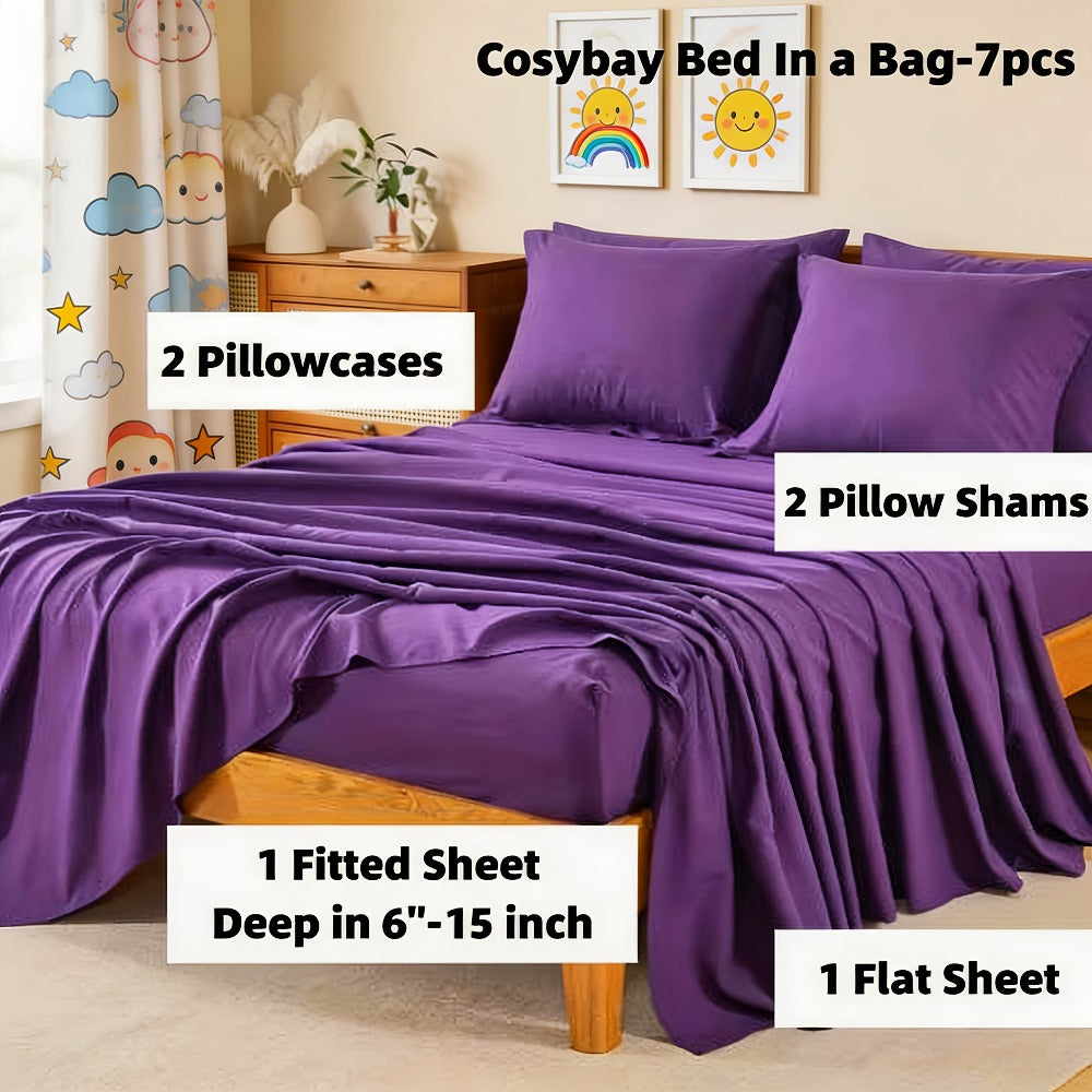 Comforter Set 7 Piece Bed in a Bag Full Queen King Soft Satin-Like Fabric with Fitted Sheet Flat Sheet Pillowcases Breathable Bedding Set for Bedroom Hotel
