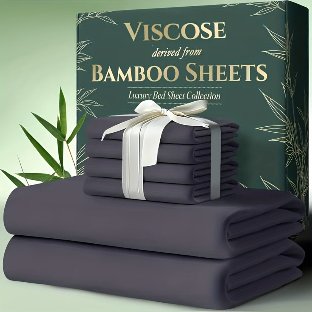 Bamboo Cooling Bed Sheets 6-Piece Set Deep Pocket Fits Twin Full Queen King Ultra-Soft Breathable Bedding for Hot Sleepers Machine Washable Double-Stitched