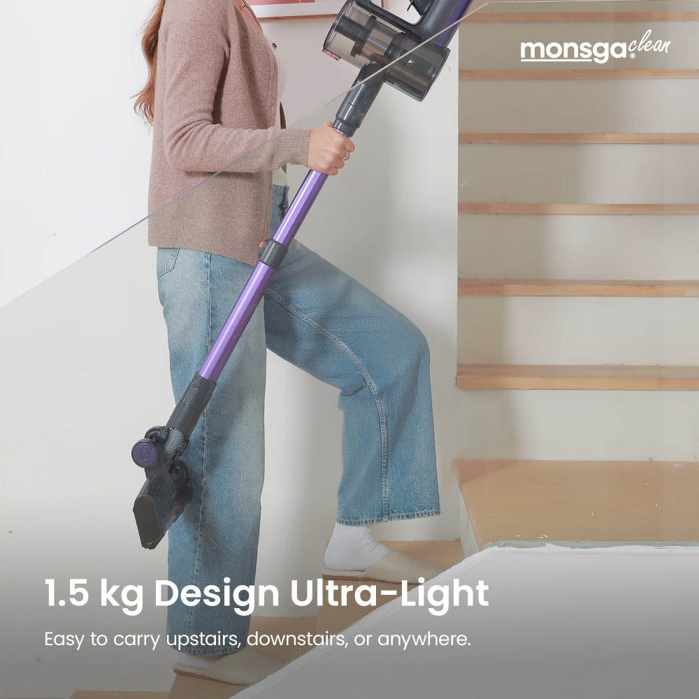 Cordless Vacuum Cleaner 46KPA Powerful Suction Lightweight Detachable Battery Anti-Tangle V-Shaped Brush 6-Stage Filtration 1.8L Dust Cup for Hard Floor Carpet Pet Hair Home