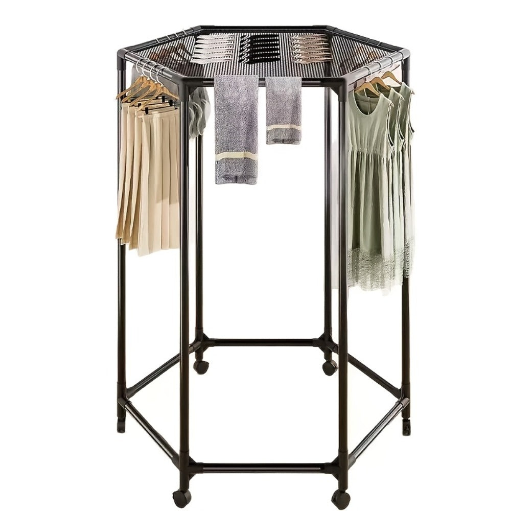 Rotating Clothes Rack Freestanding Vertical Clothing Hanging Rack Space Saving Laundry Rack with Mesh Bag Black White Rotatable Garment Rack for Small Apartment Bedroom Closet