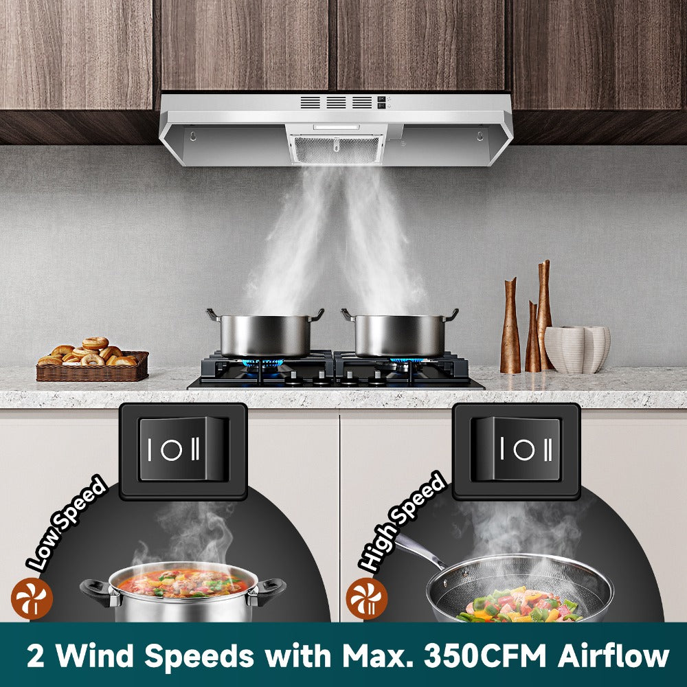 Range Hood 36 Inch Under Cabinet Ducted Ductless Convertible Stainless Steel 350CFM 2-Speed Exhaust Fan LED Light 3-Layer Aluminum Mesh Filter Top Rear Venting Kitchen Vent Hood