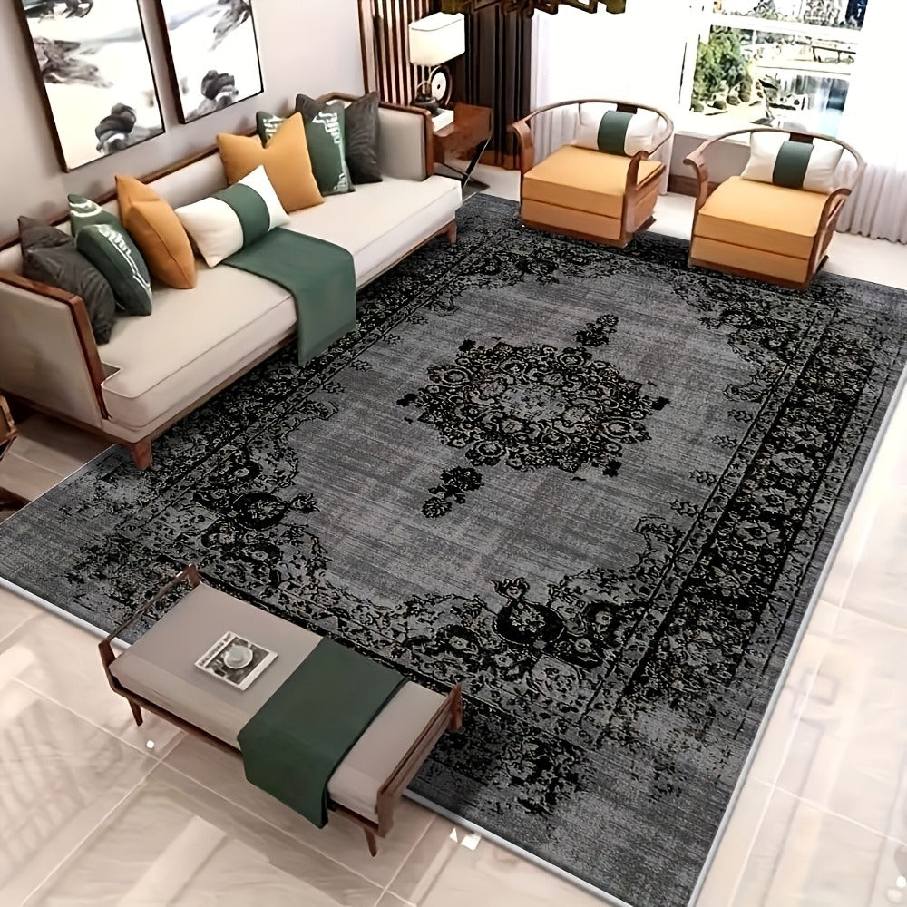 Velvet Floral Bohemian Area Rug - Low Pile Machine Washable Non-Slip Carpet for Living Room Bedroom Office Geometric Pattern