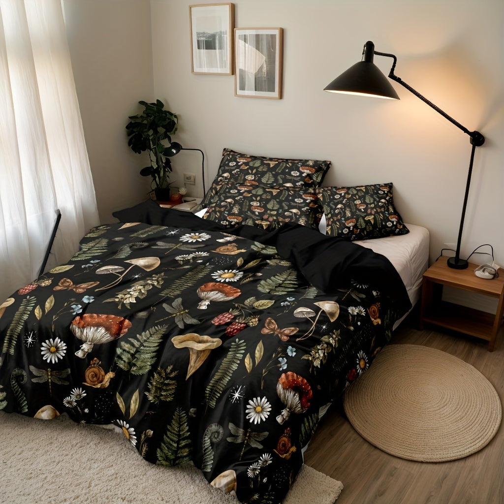 Duvet Cover Set 3-Piece Forest Mushroom Pattern ¨C Soft Polyester Bedding with Zipper Closure, Twin Full Queen King ¨C Bedroom & Guest Room