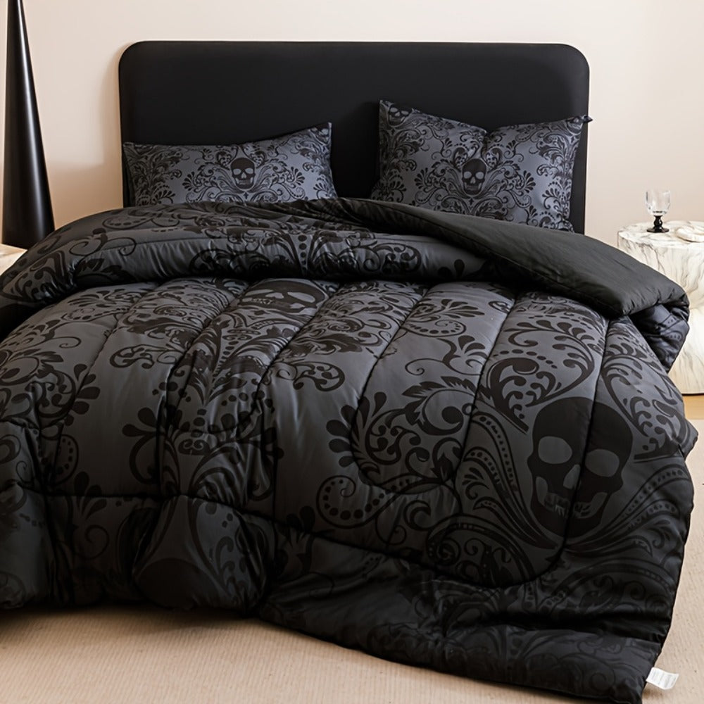 Skull Quilt Set 3pcs Gothic Victorian Comforter with 2 Pillowcases | Black Gray Digital Print Bedding Twin Full Queen King