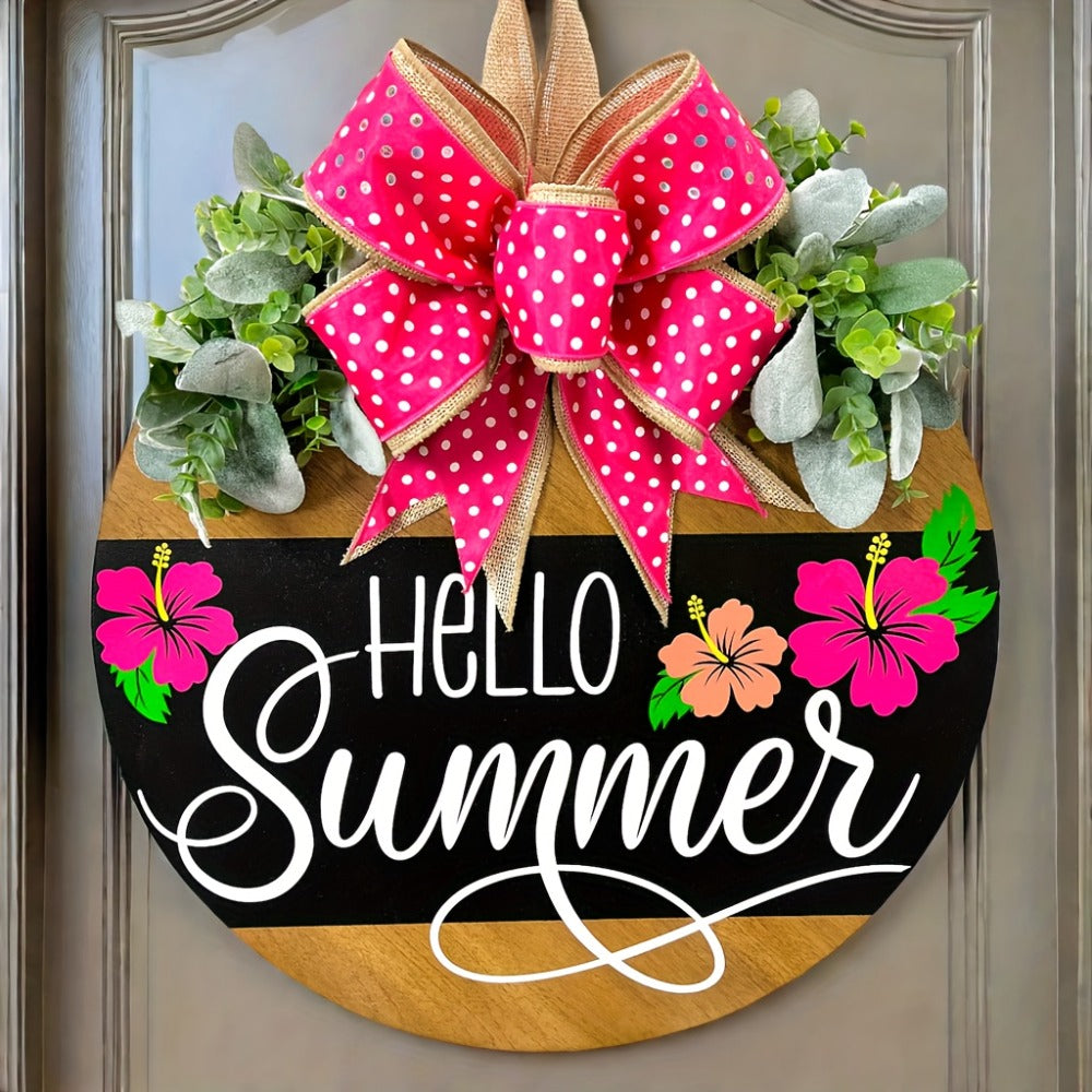 Summer Door Hanger for Front Door - Hello Summer Spring Wreath All Season Door Decor Farmhouse Hanging Sign for Home Porch Entryway Indoor Outdoor Wall Decoration