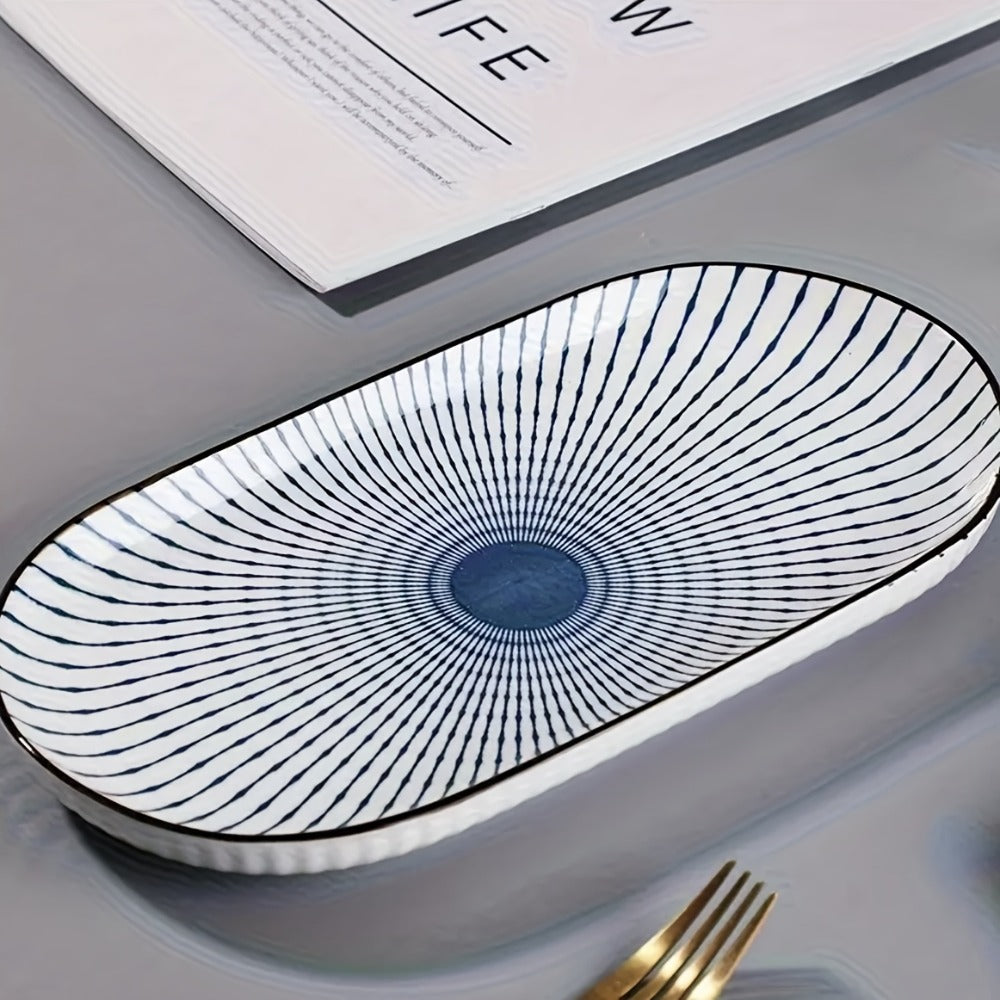 Japanese Blue White Porcelain Fish Plates Set of 4 ¨C 12 Inch Ceramic Serving Plates, Microwave & Oven Safe Steaming Baking Tableware