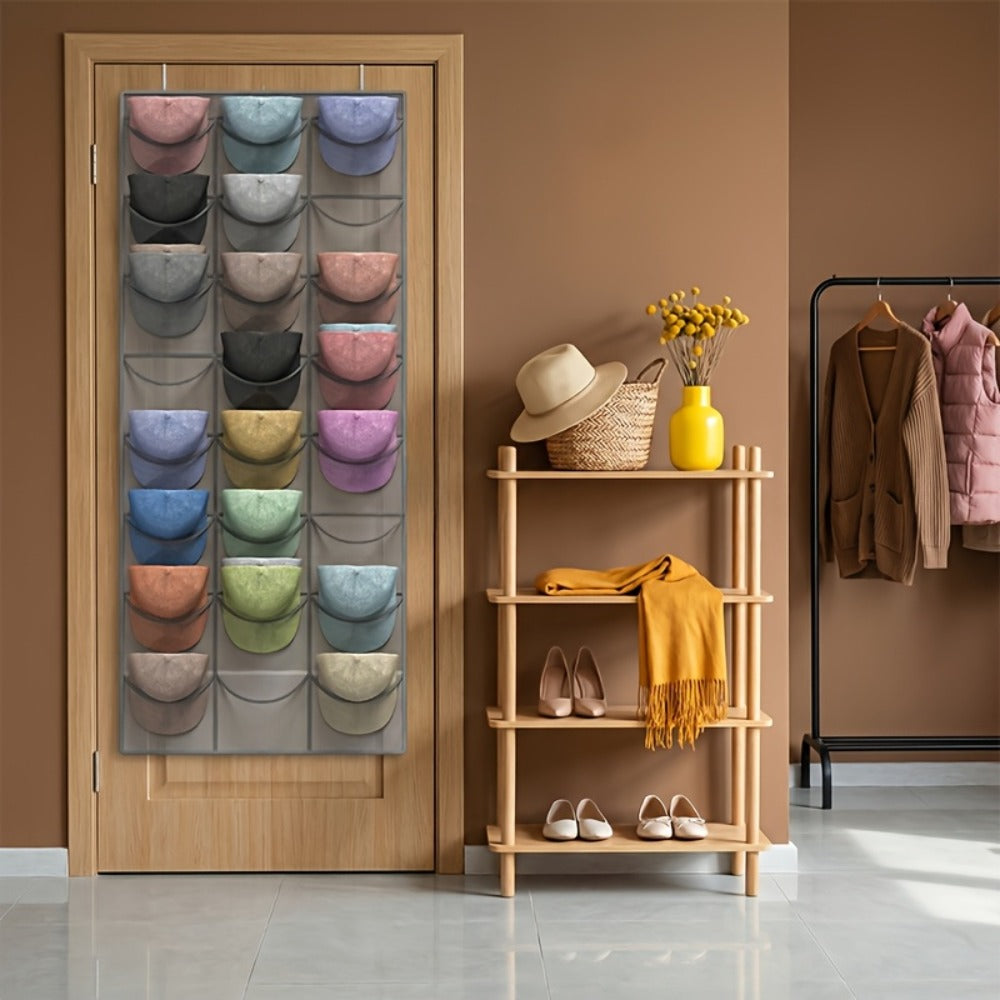 Over the Door Hat Organizer 24 Pocket - Baseball Cap Rack with Large Clear Pockets and 3 Hooks for Hat Storage Protection and Display in Closet