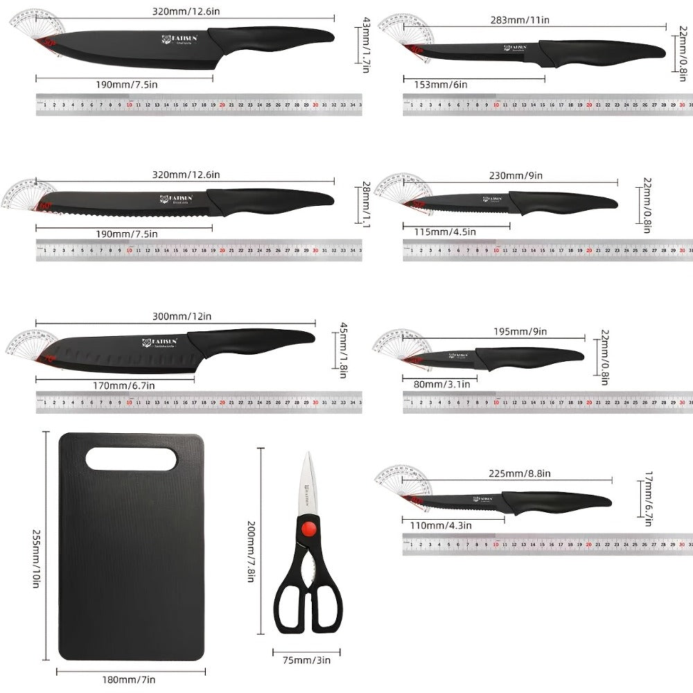 Kitchen Knife Set 15 Piece Professional Chef Knife Set with Wooden Block Non-Slip ABS Handle Cutting Board Kitchen Shears Black Coded Knives for Home Restaurant