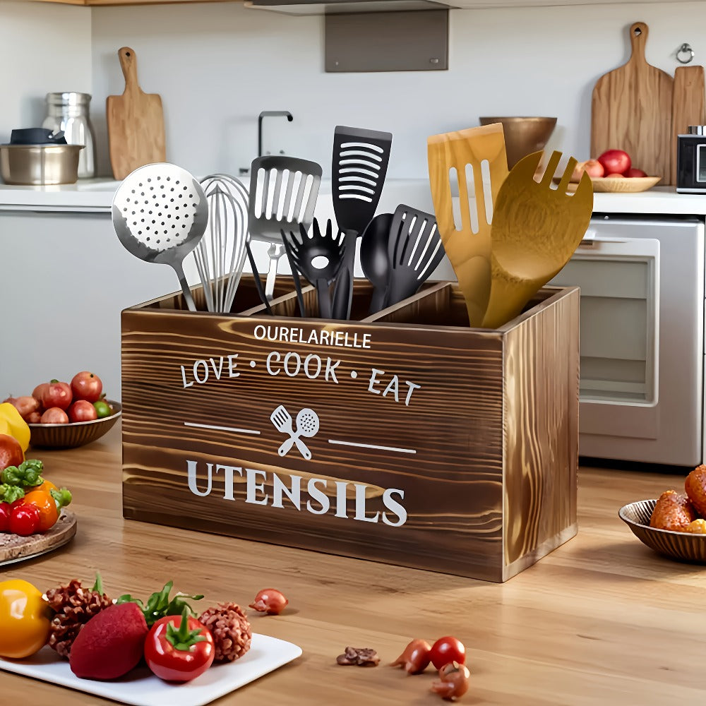 Wooden Cutlery Storage Box with Grid Compartments Chopstick Organizer Rack with Metal Accents for Kitchen Drawer Bedroom Desk Home Organization in Natural White Black
