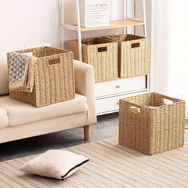 Rattan Storage Basket Foldable Square Wicker Laundry Hamper with Frame Natural Handwoven Organizer Bin for Bedroom Living Room Bathroom Clothes Toys