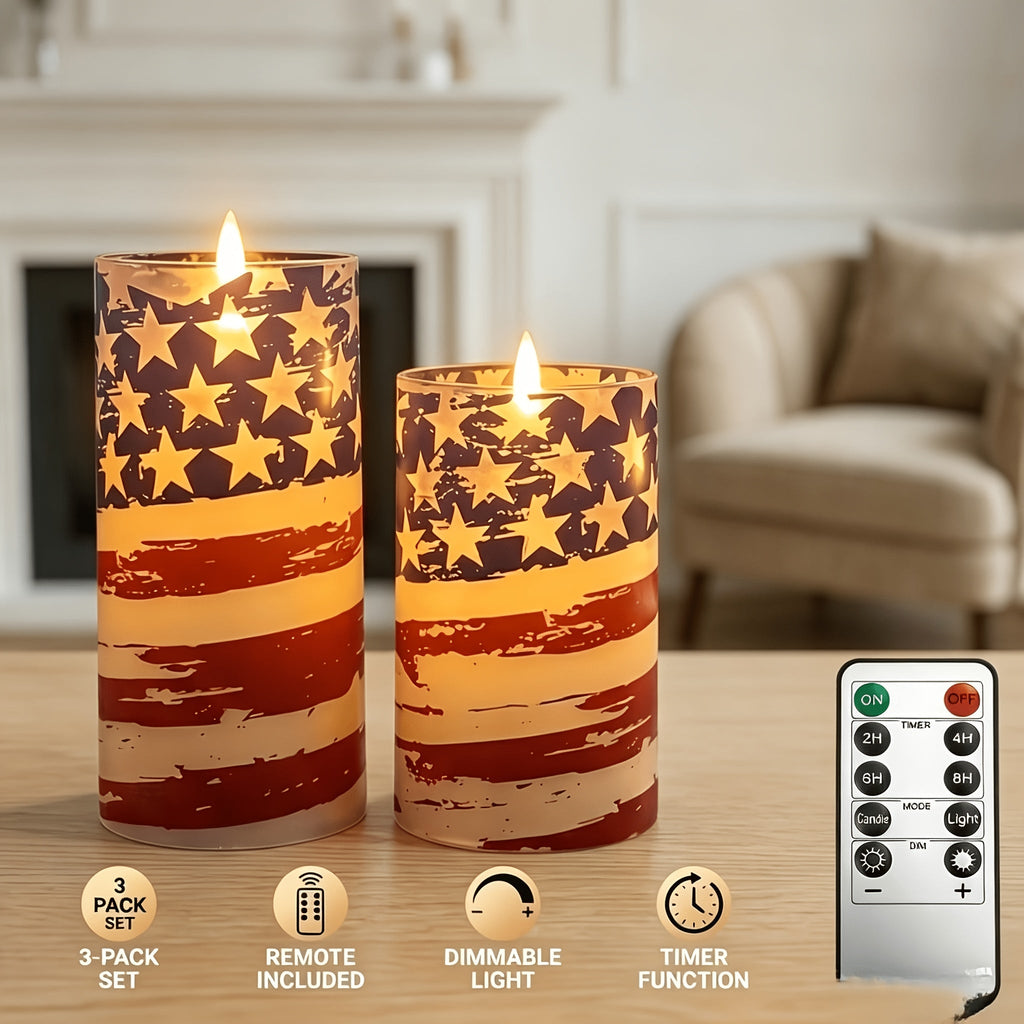 Flameless LED Candles with Remote Control, Flickering Flame Effect, Independence Day Patriotic Home Decor, Memorial Day Table Centerpiece