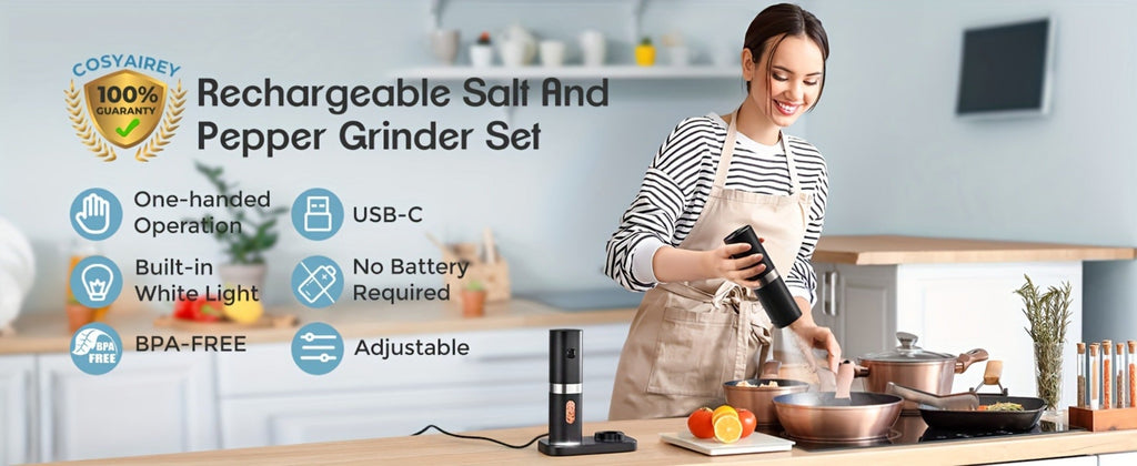 Electric Salt and Pepper Grinder Set 2-Pack Rechargeable with Charging Base & White Light - One-Hand Automatic Operation, Battery-Powered Salt Pepper Mill Set for Kitchen Cooking, Gift for Dad