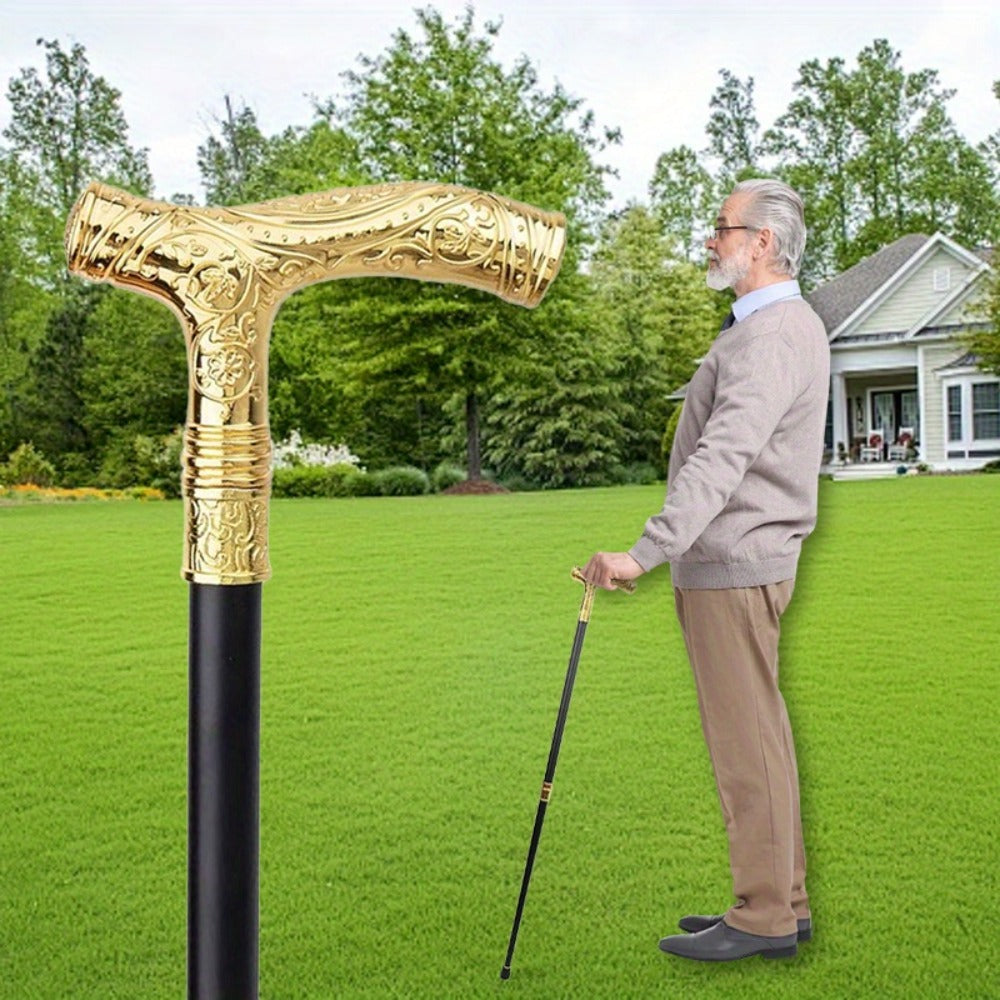Walking Cane with Bear Head Handle Decorative Gentleman Stick Carved Flower Relief Knob Cane Fashion Mobility Aid Staff 35.4 Inch Golden