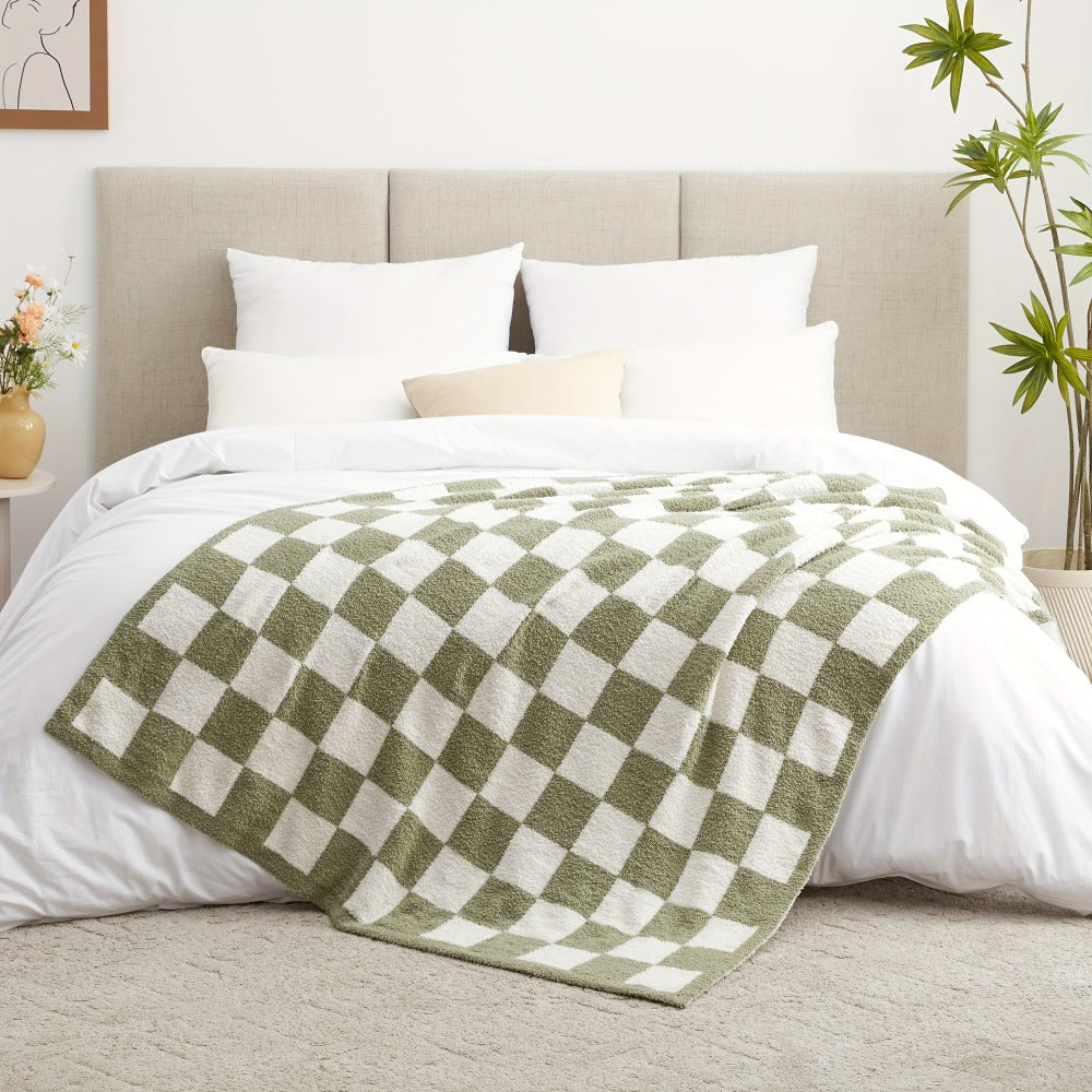 Jacquard Knit Checkered Blanket ¨C Soft Cozy Fluffy Plaid Throw for Couch, Bed & Sofa, All Seasons, 4 Colors, Throw to King Size