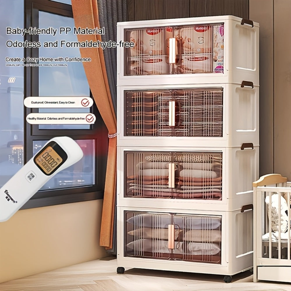 Folding Storage Cabinet with Wheels, 3/4/5-Tier Stackable Plastic Storage Bins with Lids & Magnetic Doors, Foldable Large Organizer with 360¡ã Lockable Wheels for Home Office Kitchen Bathroom Garage