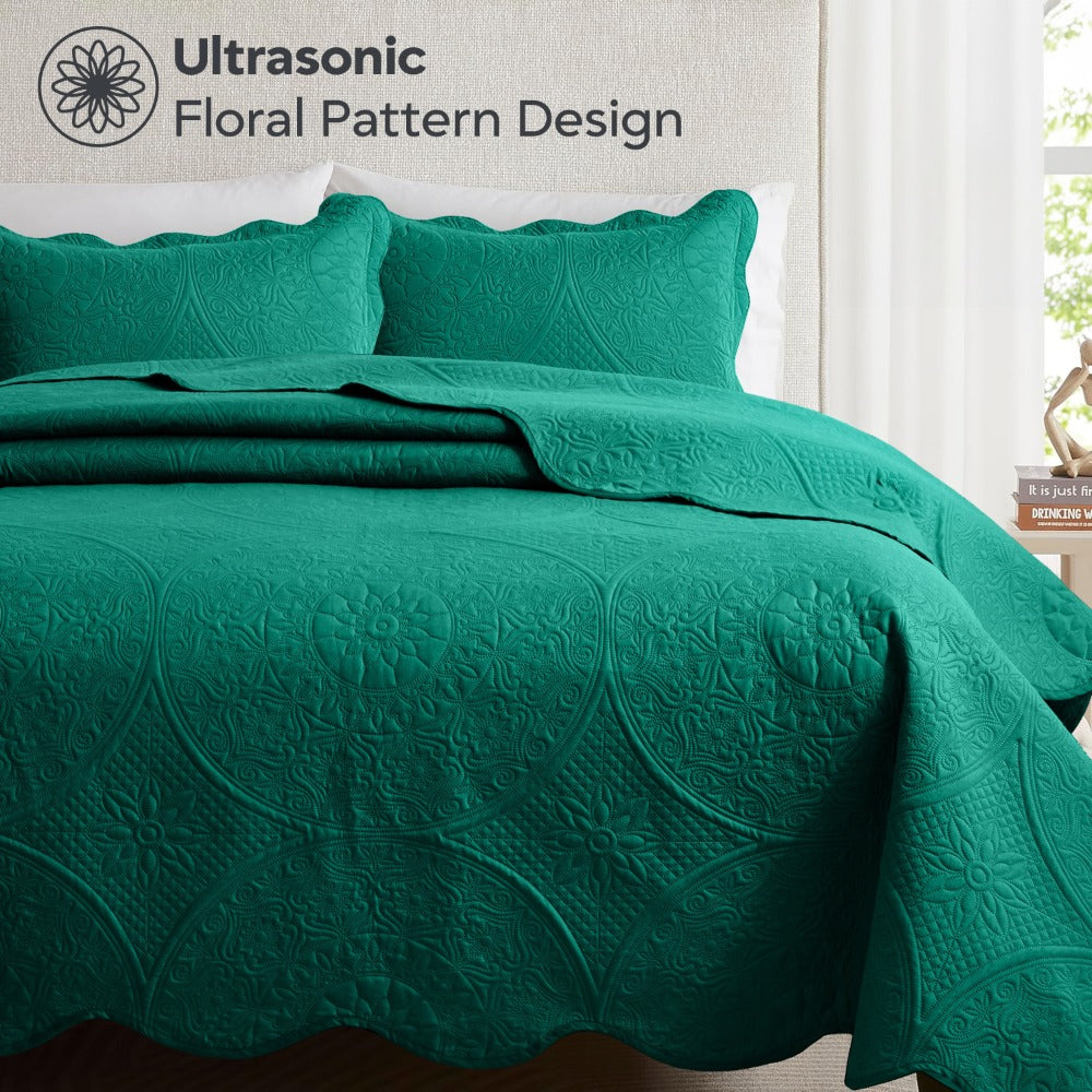 Quilted Bedspread Set 3 Piece ¨C Soft Floral Coverlet with Pillow Shams, Lightweight Breathable Quilt for Bedroom & Guest Room, All Season Bed Cover