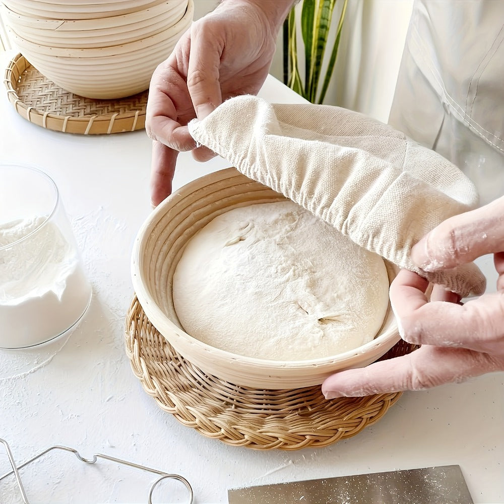 Bread Proofing Basket Set 2pcs 9 Inch Round Handmade Rattan with Liners Banneton Proofing Basket for Sourdough Artisan Bread Baking Home Baker