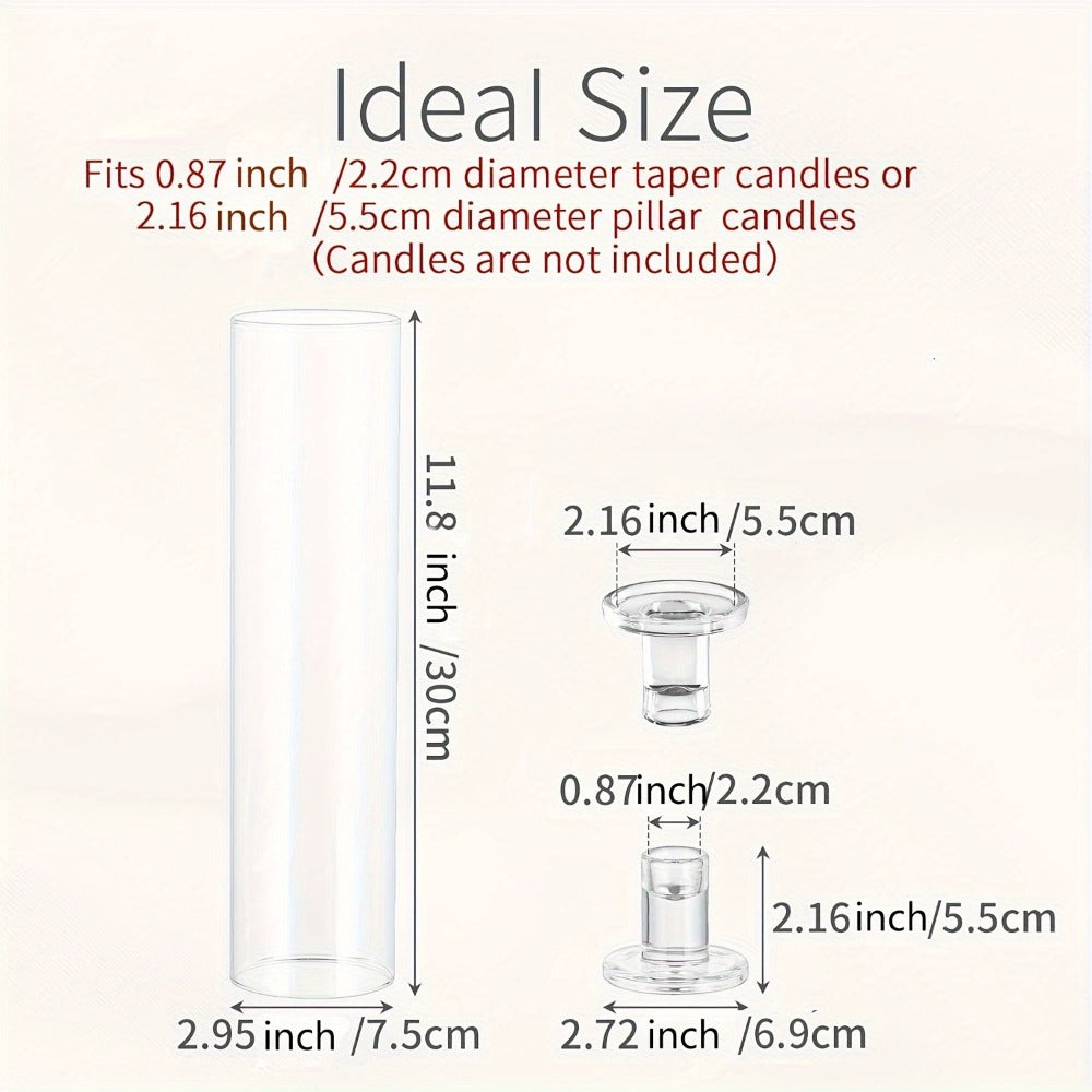Hurricane Glass Candle Holders for Taper Candles | 11.8 Inch Tall Clear Cylinder Windproof Candlestick Stand for Wedding, Party, Christmas, Halloween & Home Decor - 2pcs / 10pcs Set
