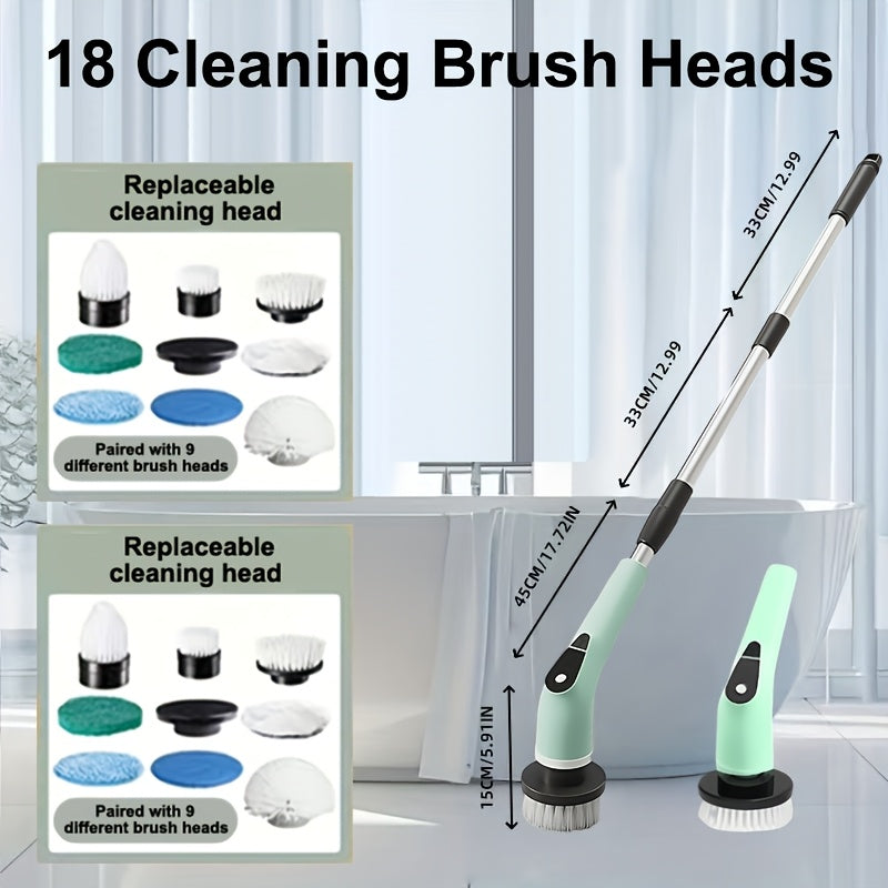Electric Spin Scrubber with 9 Interchangeable Brush Heads 5 Speed Settings & 3 Extendable Handles - Power Scrubber for Bathroom Kitchen Tile Floor Carpet, Cordless Rotary Cleaning Brush Green White