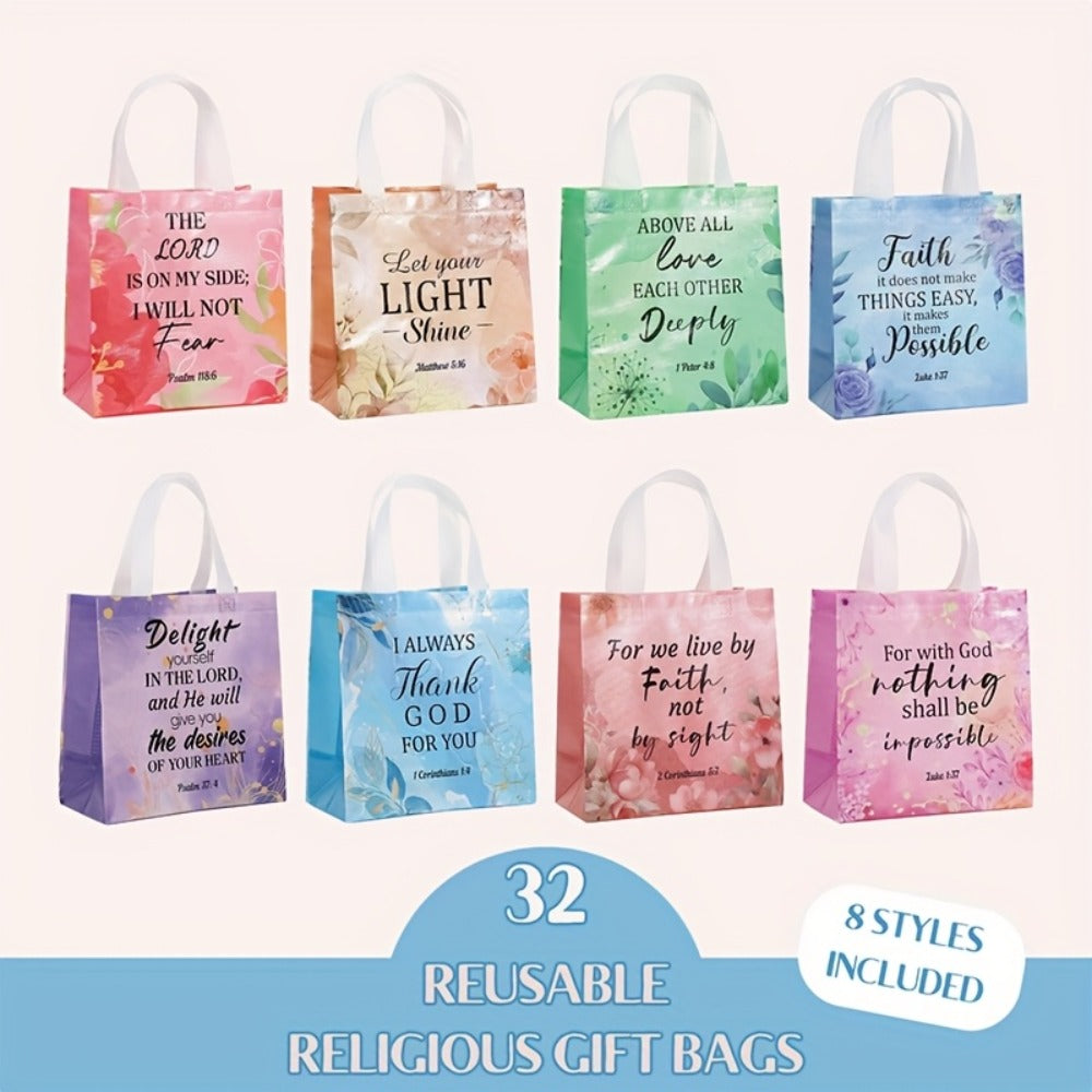 Religious Gift Bags with Handles Bulk 32 or 64 Pcs Bible Verse Flower Designs Reusable Non-Woven Tote Bags for Church Wedding Birthday Party Women Girls