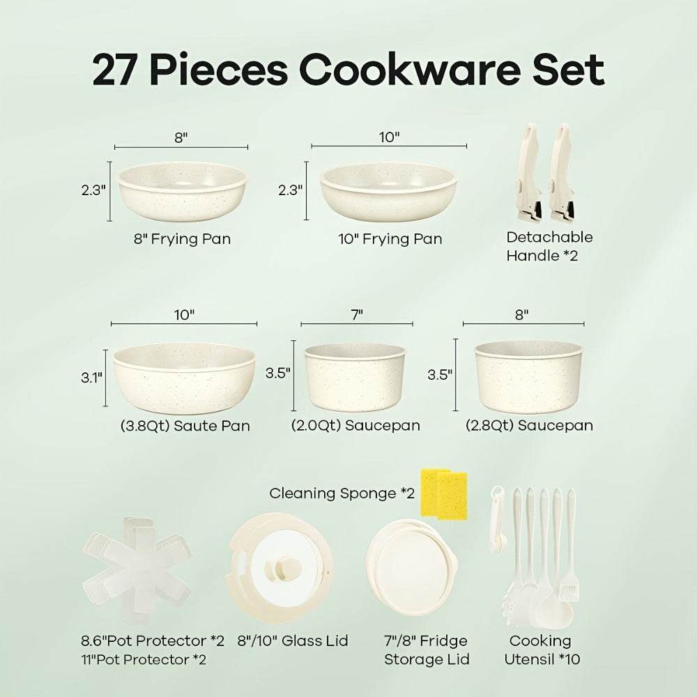 Nonstick Cookware Set 23 & 27 Piece with Removable Handles ¨C Induction Oven Dishwasher Safe Pots and Pans | Non-Toxic Frying Pans Saucepans Space-Saving Kitchen Cooking Set in Beige & Pink