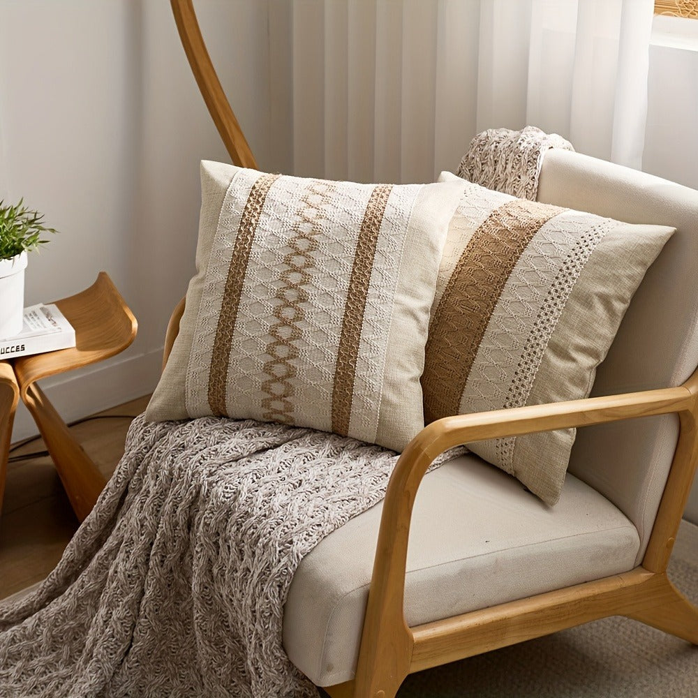 Throw Pillow Covers 2 Pack Boho Geometric Brown Beige 18x18 ¨C Bohemian Decorative Pillow Cases with Zipper Closure ¨C Soft Polyester Cushion Covers for Sofa Couch Bedroom Living Room Boho Home Decor