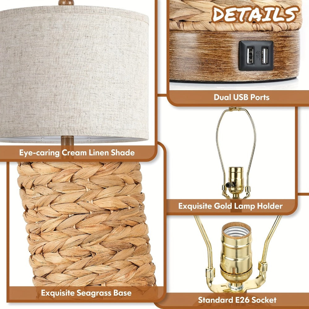 Rattan Table Lamp Set of 2 with USB Ports - 27 Inch Tall Woven Seagrass Bedside Nightstand Lamps for Living Room Bedroom End Table, Coastal Farmhouse Rustic Decor, E26 Socket Rotary Switch