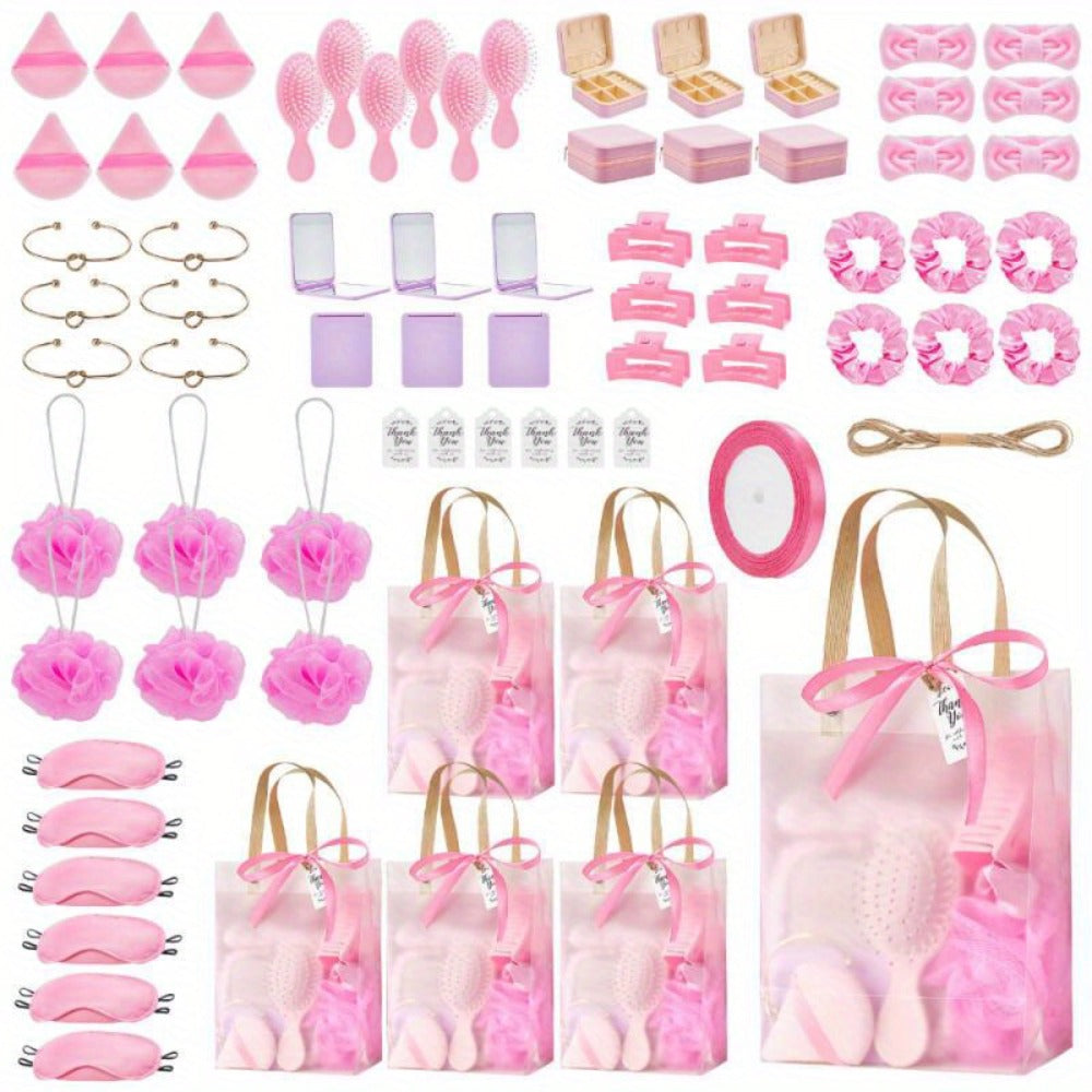 Party Favor Gift Set 74pcs ¨C Headbands, Hair Brushes, Bracelets, Mirrors, Powder Puffs, Hair Ties, Clips, Bath Sponges & Jewelry Boxes with Gift Bags for Bridal Shower, Wedding, Christmas & Events (Pink/Blue)
