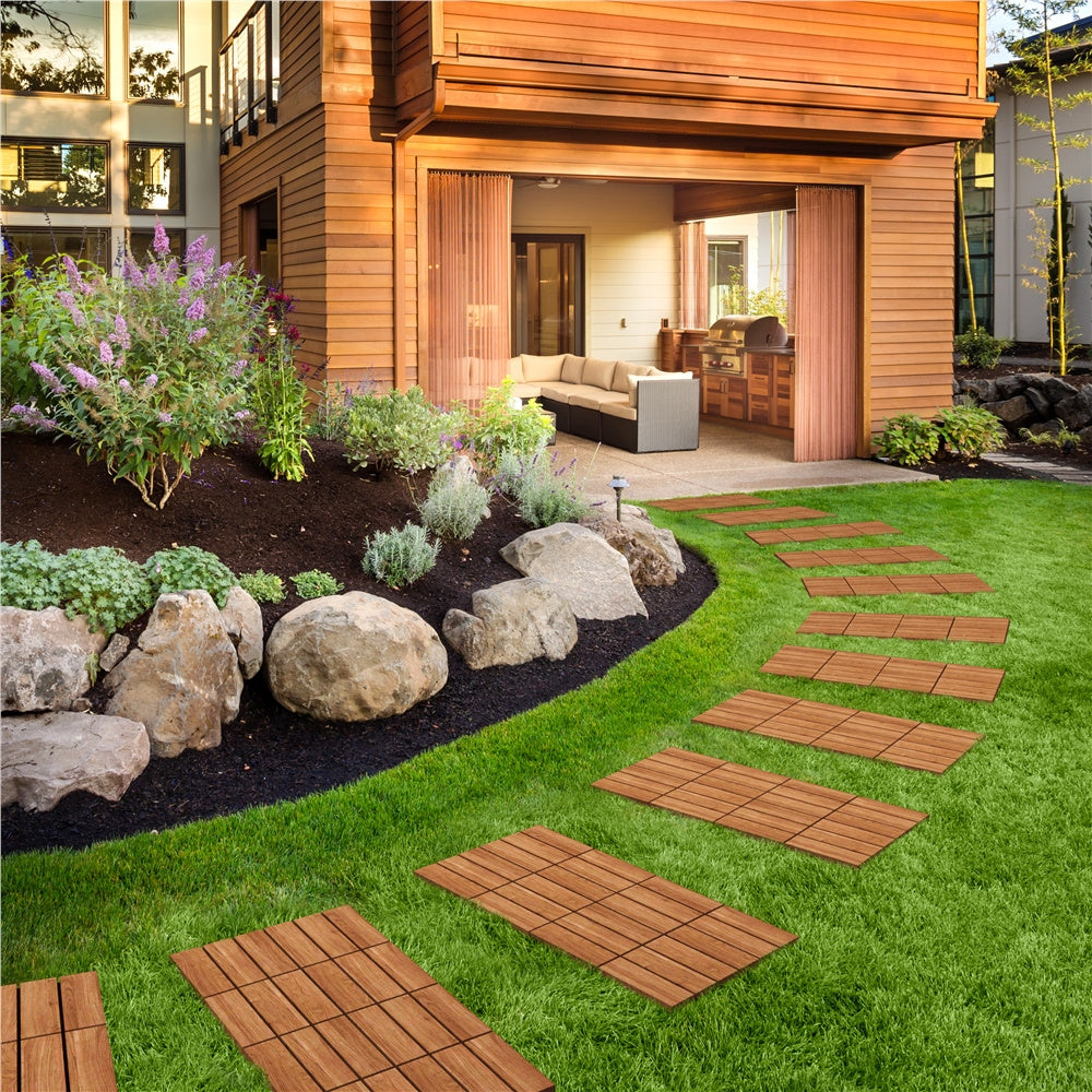 Acacia Wood Deck Tiles Interlocking Outdoor Flooring, Water-Resistant Non-Slip Patio Tiles, Easy Snap DIY Installation for Deck, Garden, Poolside, Balcony ¨C 10pcs & 27pcs Sets Available
