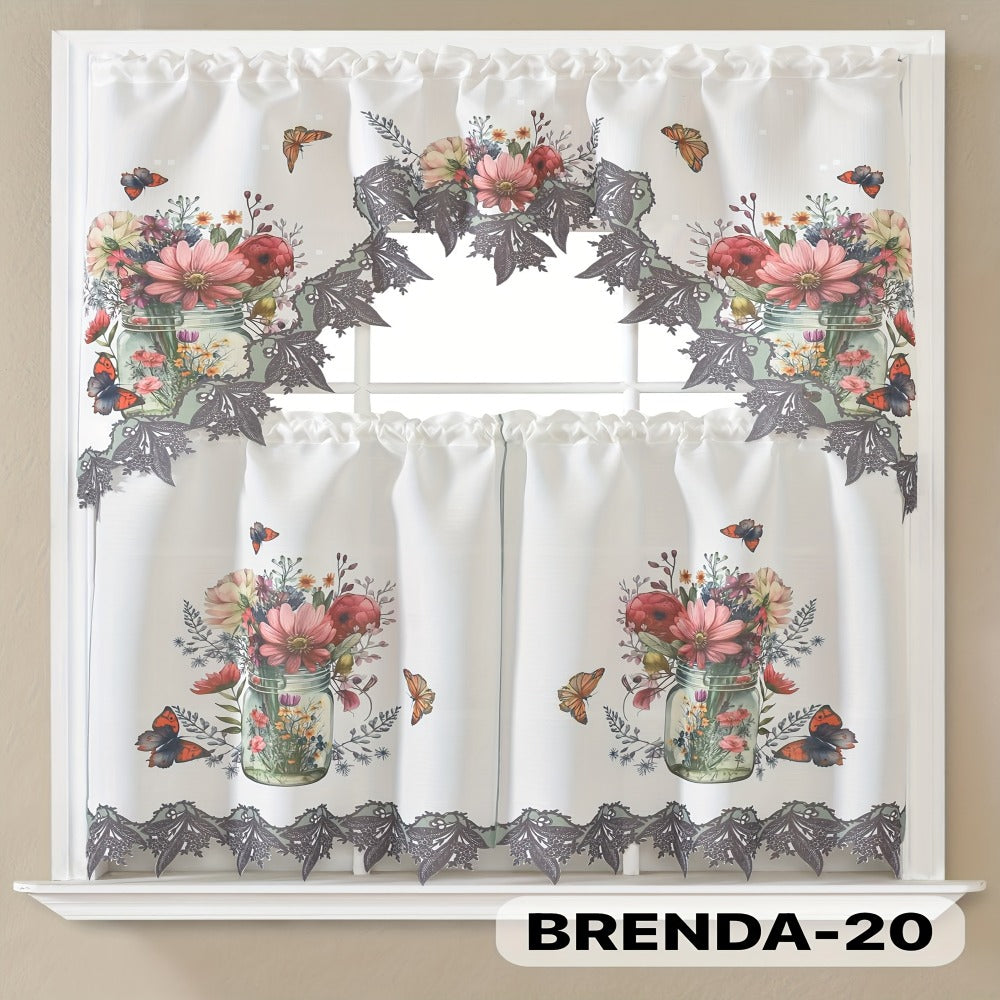 Kitchen Curtains 3 Piece Set Embroidered Satin Valance and Tiers - Rod Pocket Light Filtering Machine Washable 46 Colors Available All Season Home Decor