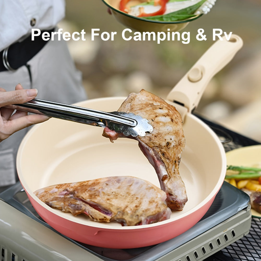 Nonstick Cookware Set 5-Piece Detachable Handle Aluminum Pots and Pans ¨C Space-Saving Stackable Induction Compatible | 8 & 10 Inch Frying Pan Soup Pot Universal Lid | White Pink Beige Coral Pink