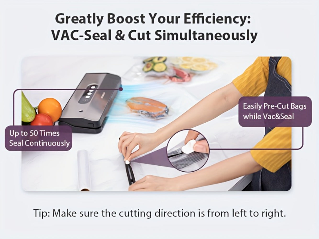 Vacuum Sealer Machine 8-in-1 ¨C 65Kpa Food Sealer with Cutter, Accessory Hose, 10 Bags Included, Stainless Steel, External Vacuum Port for Food Storage, Sous Vide & Meal Prep