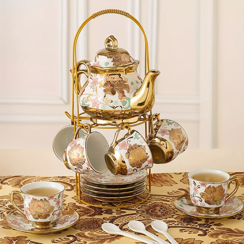 Floral Ceramic Tea Set 20 Pcs ¨C European Porcelain Tea Cups & Saucers with Metal Holder & 15 Oz Teapot ¨C Luxury Arabic Coffee Cup Set for Espresso, Cappuccino & Afternoon Tea ¨C Elegant Gift