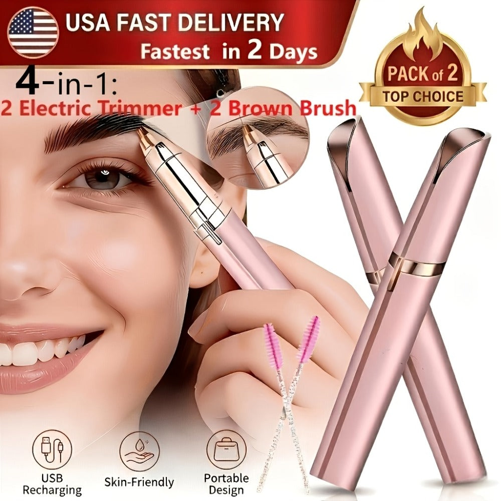 Electric Eyebrow Trimmer for Women 2 Pack, USB Rechargeable Painless Precision Eyebrow Razor Pen, Portable Hair Remover for Face Lip Leg Armpit ¨C Pink White Colorful