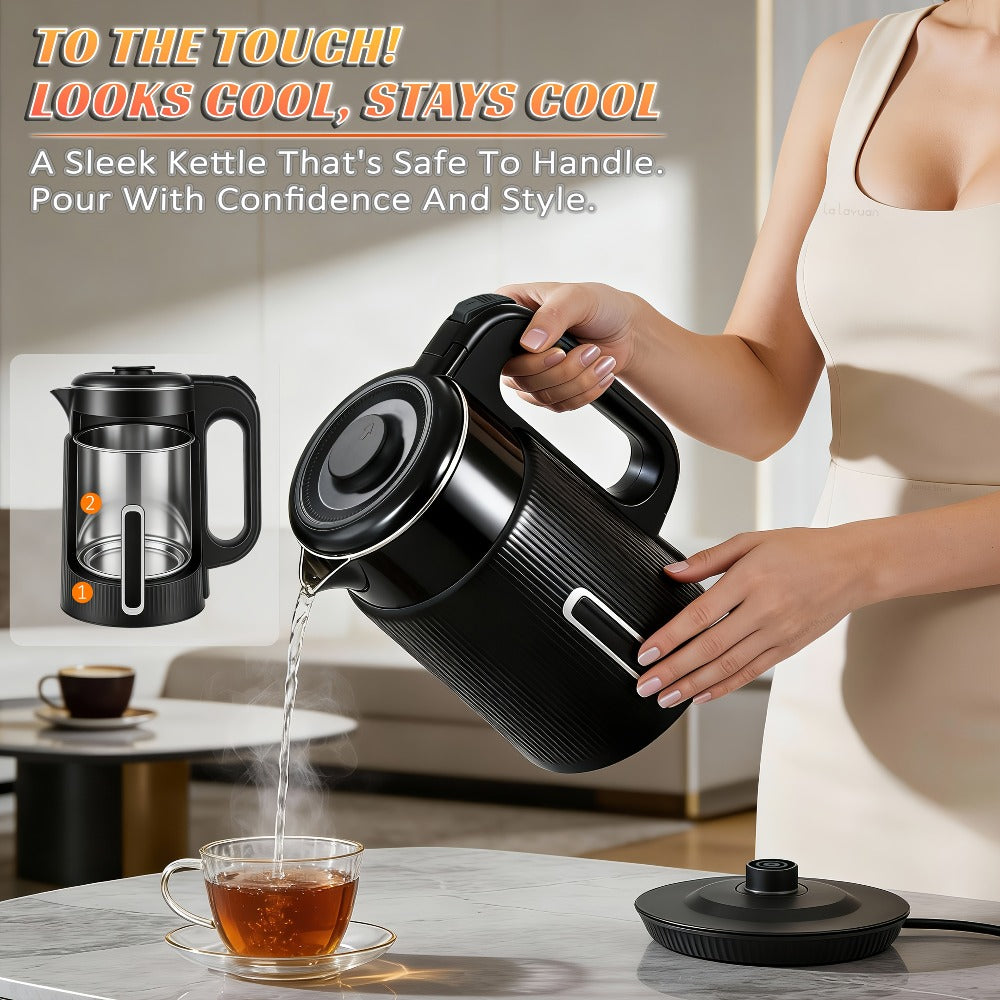 Electric Kettle 1000W Double Wall Stainless Steel ¨C 57.48oz 304 SS Hot Water Kettle with 360¡ã Rotary Base, LED Light, Auto Shut-Off & Boil-Dry Protection, Instant Water Warmer for Coffee & Tea ¨C Black