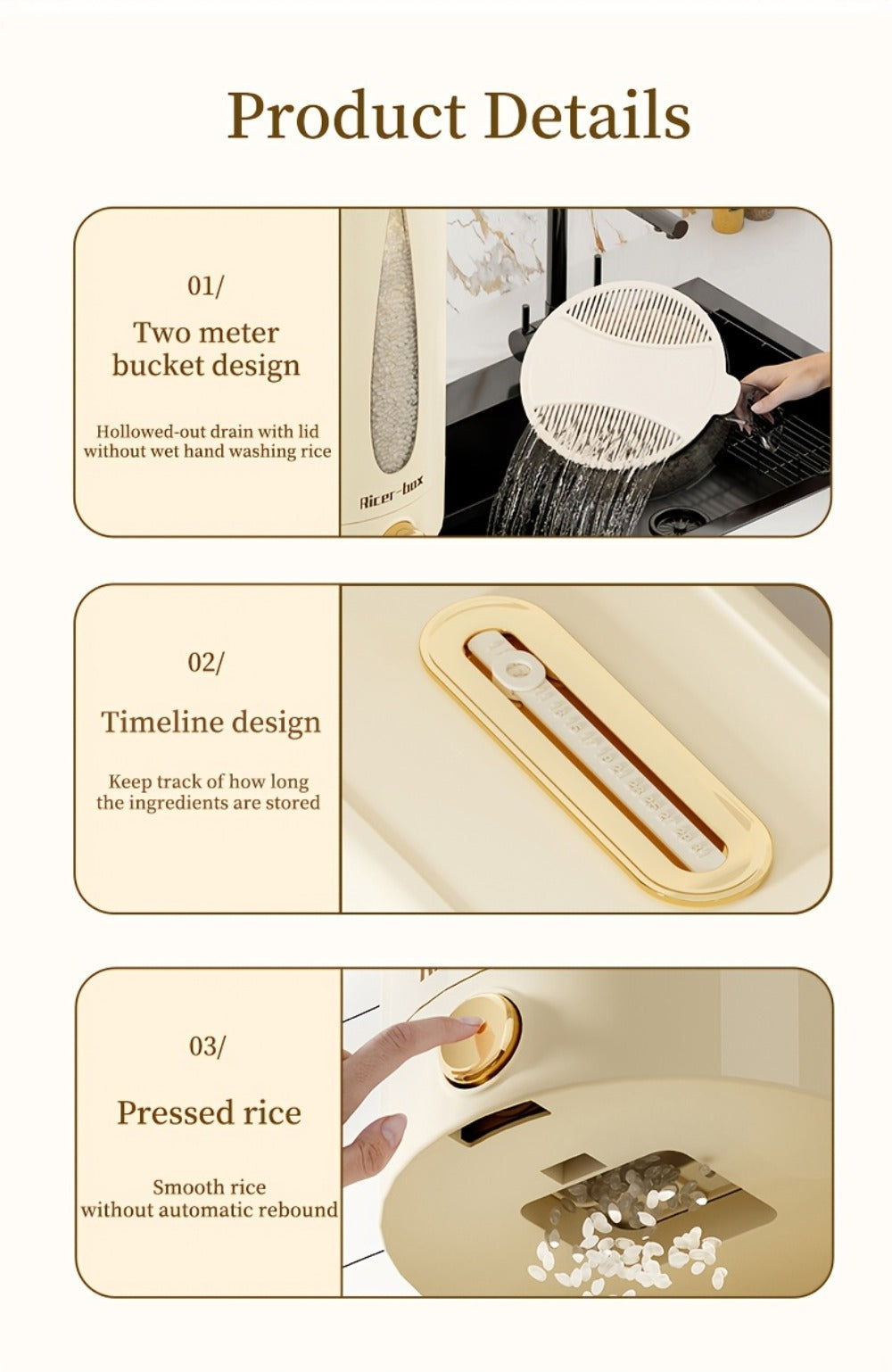 Rice Dispenser Storage Container Press Type Measuring Cup Moisture-Proof Sealed Grain Bin - Large Capacity Airtight Rice Storage Box for Rice Coffee Beans Flour Legumes Pet Food Kitchen Pantry Organizer