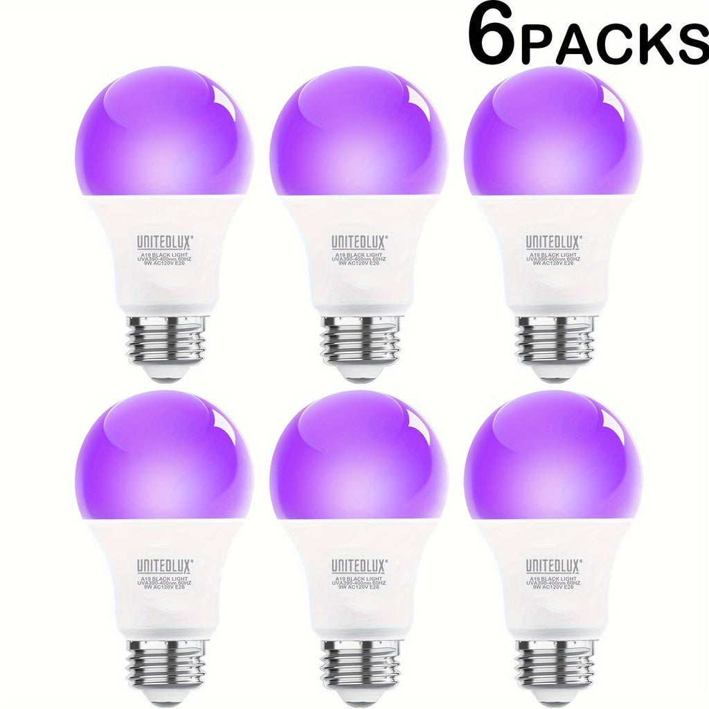 Black Light Bulbs 6 Pack A19 E26 LED UV Bulbs 9W 60W Equivalent 390-400nm UVA Glow in the Dark for Party Neon Poster Body Art Halloween Indoor Use 120V Shatterproof