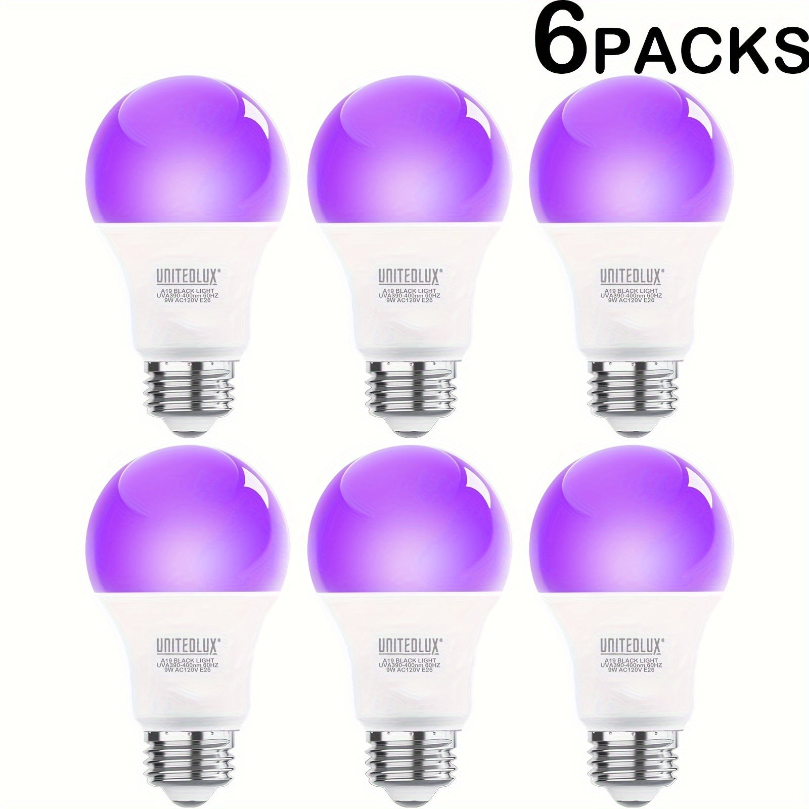 Black Light Bulbs 6 Pack A19 E26 LED UV Bulbs 9W 60W Equivalent 390-400nm UVA Glow in the Dark for Party Neon Poster Body Art Halloween Indoor Use 120V Shatterproof