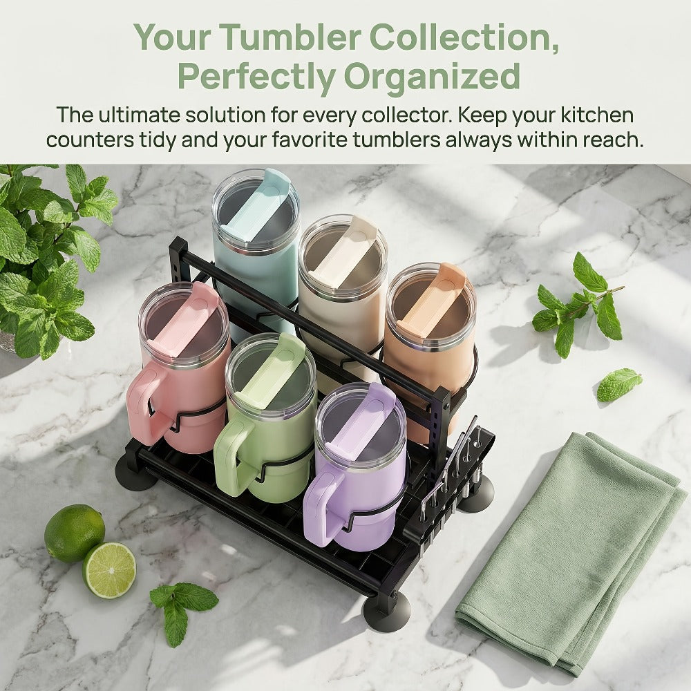 Cup Holder Rack 6-Grid Cast Iron Water Bottle Organizer for Kitchen Cabinet | Adjustable Height Drinkware Storage Rack Holds 40oz Cups Mugs Tumblers Stanley Bottles Space-Saving Kitchen Organizer