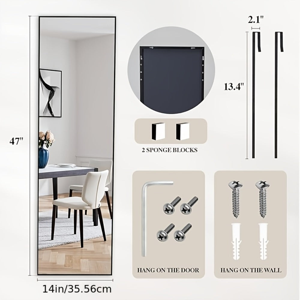 Full Length Mirror 47x14 ¨C Over the Door or Wall Mounted Hanging Mirror, Aluminum Alloy Frame, Full Body Dressing Mirror for Bedroom, Living Room & Entryway, Arched & Rectangular, Black & Gold