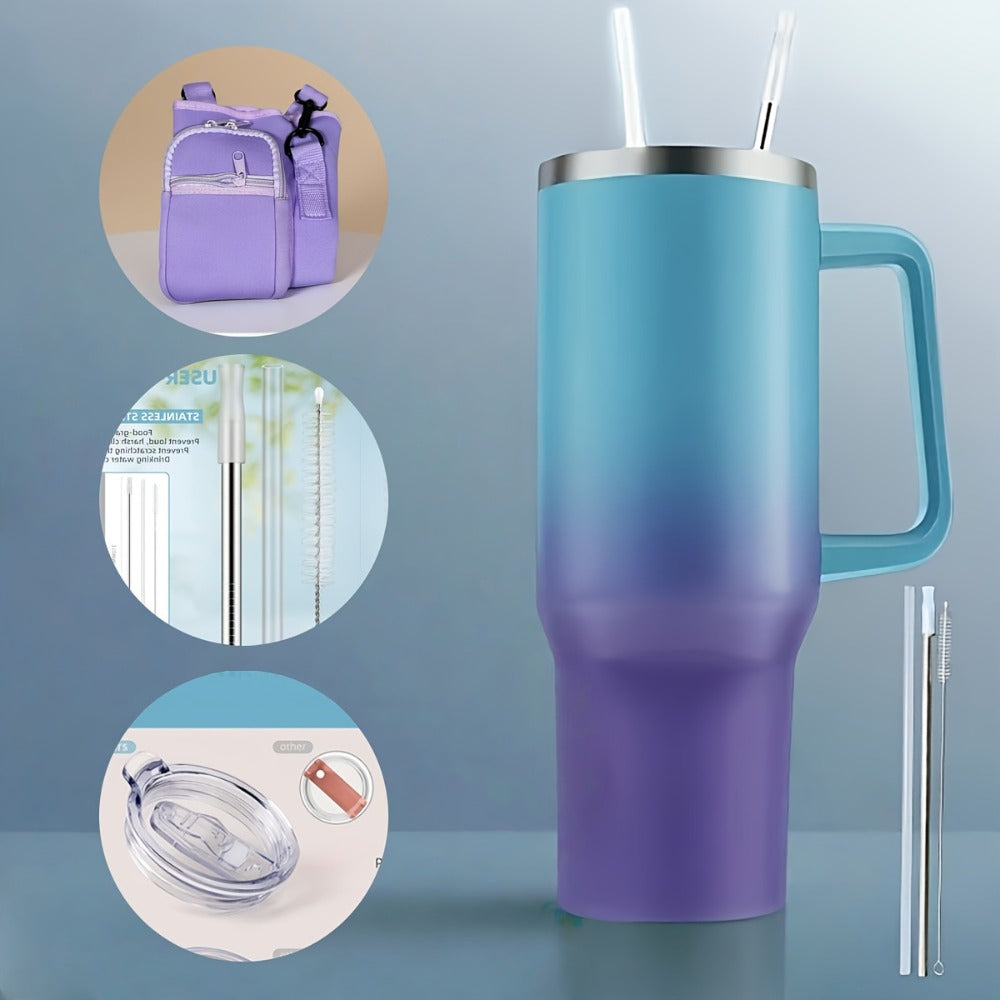 Insulated Tumbler 40 Oz with Carry Bag & Handle ¨C Stainless Steel Thermos with Straw & Spout Lid ¨C Ice Compatible Gym Water Bottle & Travel Mug ¨C Pink Blue Gradient Gift for Women & Teens